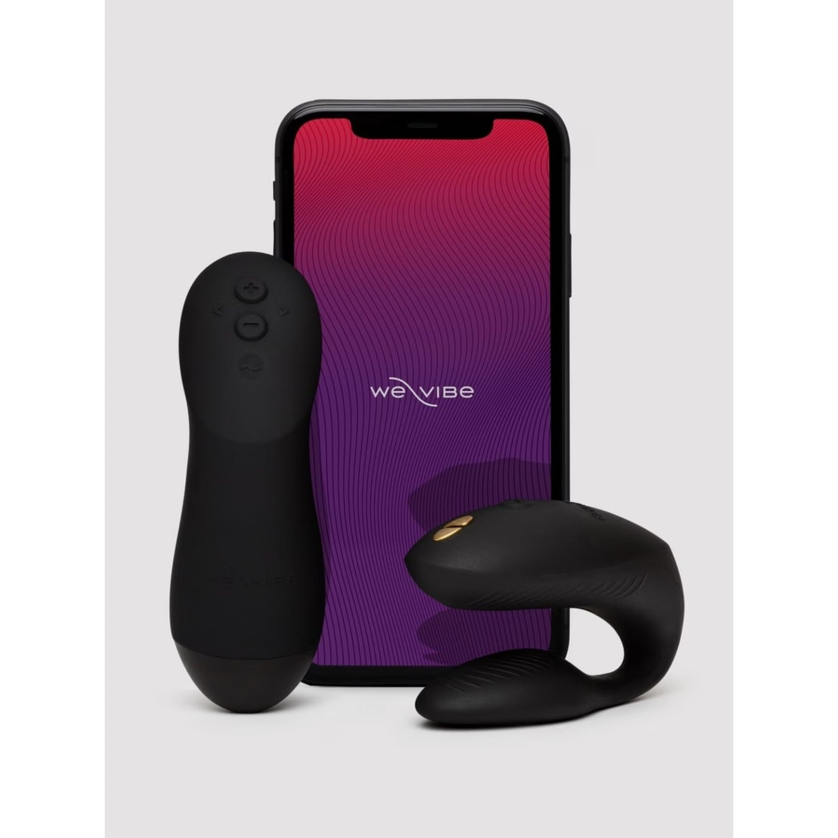 Black electronic device with 'we-vibe' branding on a smartphone displaying the same brand.