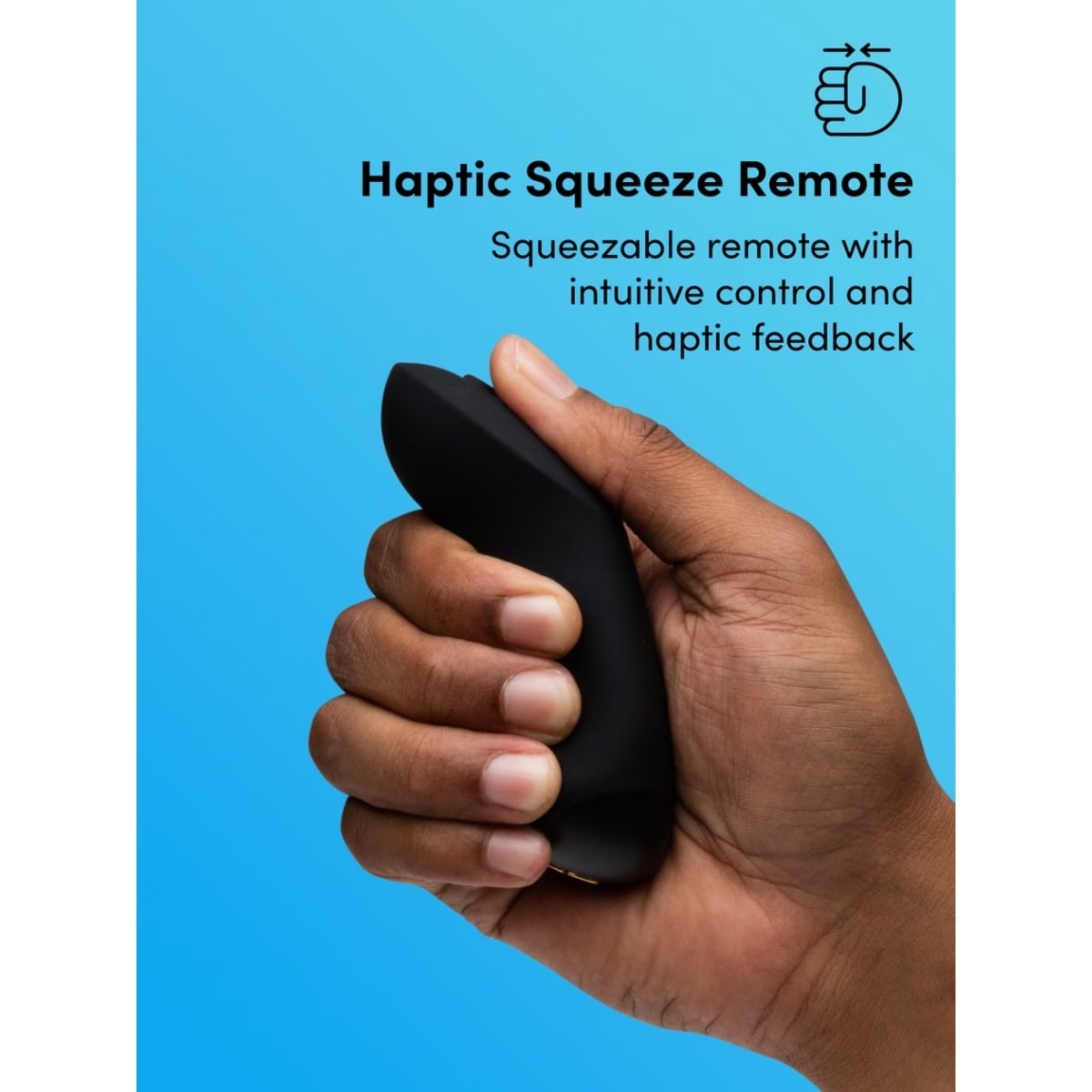 Hand holding a haptic squeeze remote with text on a blue background