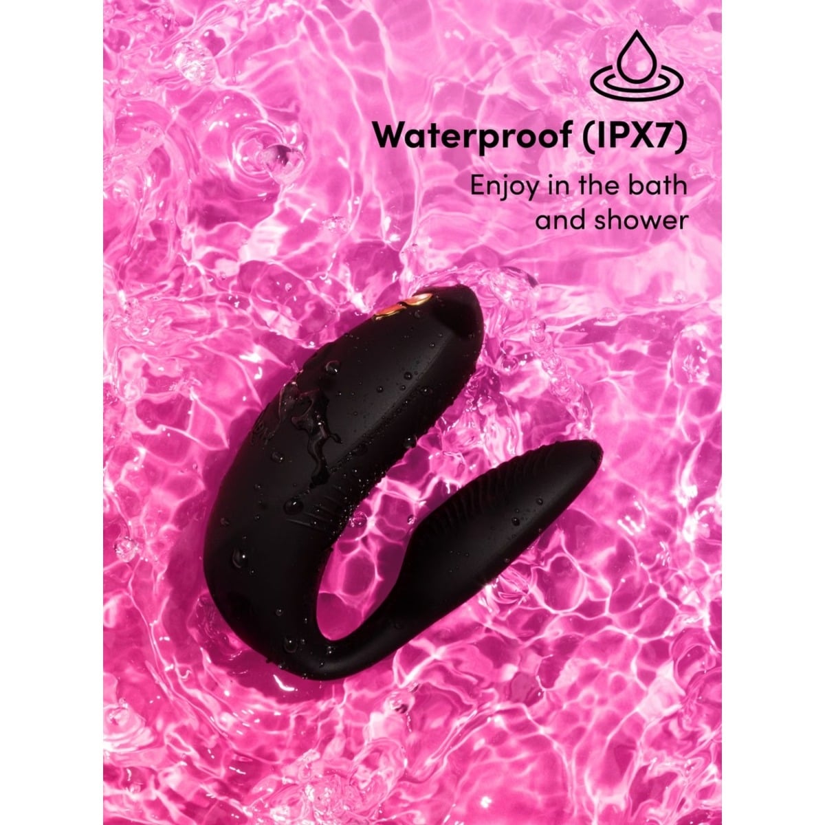 Black waterproof device on pink water background with 'Waterproof (IPX7)' text.